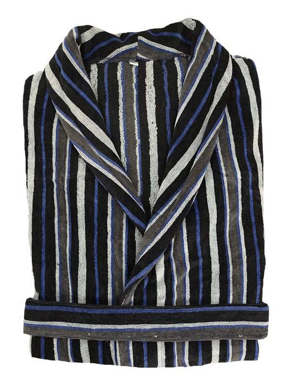 Bunty's Bathrobe Velour Shawl Collar (One Size Fits All) - Stripes Black Blue