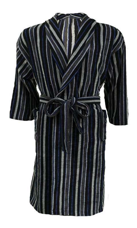 Bunty's Bathrobe Velour Shawl Collar (One Size Fits All) - Stripes Black Blue