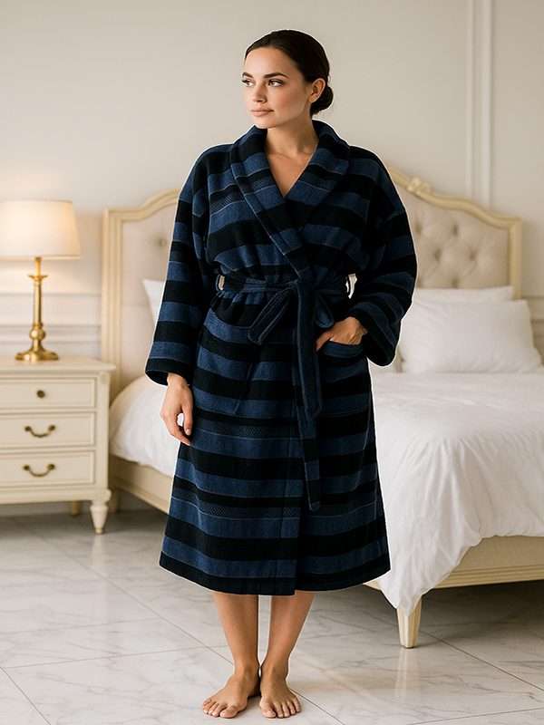 Bunty's Bathrobe - Velour - Shawl Collar - Stripes Navy/Black