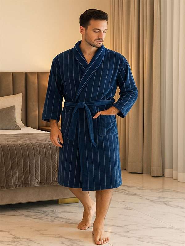 Bunty's Bathrobe - Velour - Shawl Collar - Stripes Estate Blue