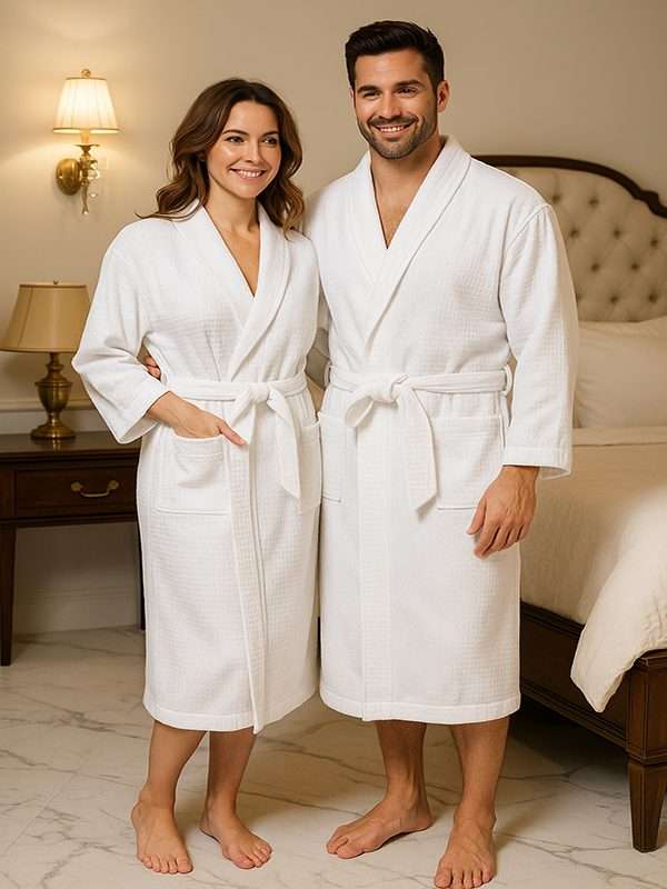 Bunty's Bathrobe - Velour - Shawl Collar - Waffle Feel White