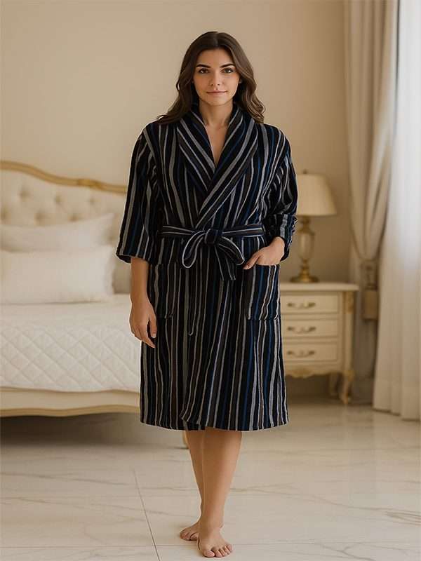 Bunty's Bathrobe - Velour - Shawl Collar - Stripes Poseidon