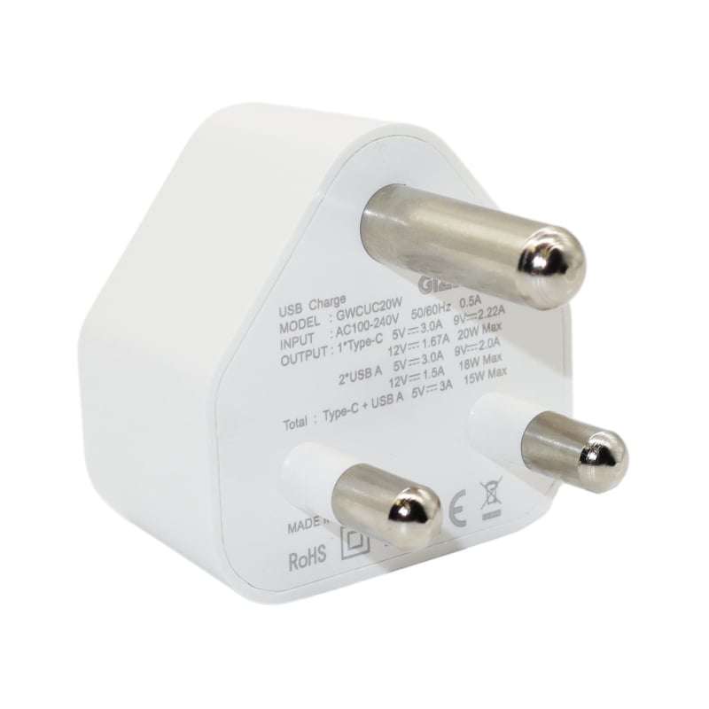 GIZZU Wall Charger Type C 20W|USB SA 3 Prong - White