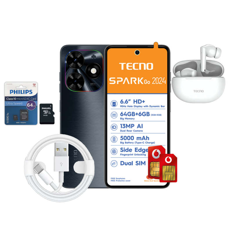 Tecno Spark Go 2024 4G Dual Sim 64GB  Black + Philips 64GB SD Card + Philips Type C Cable + Te...
