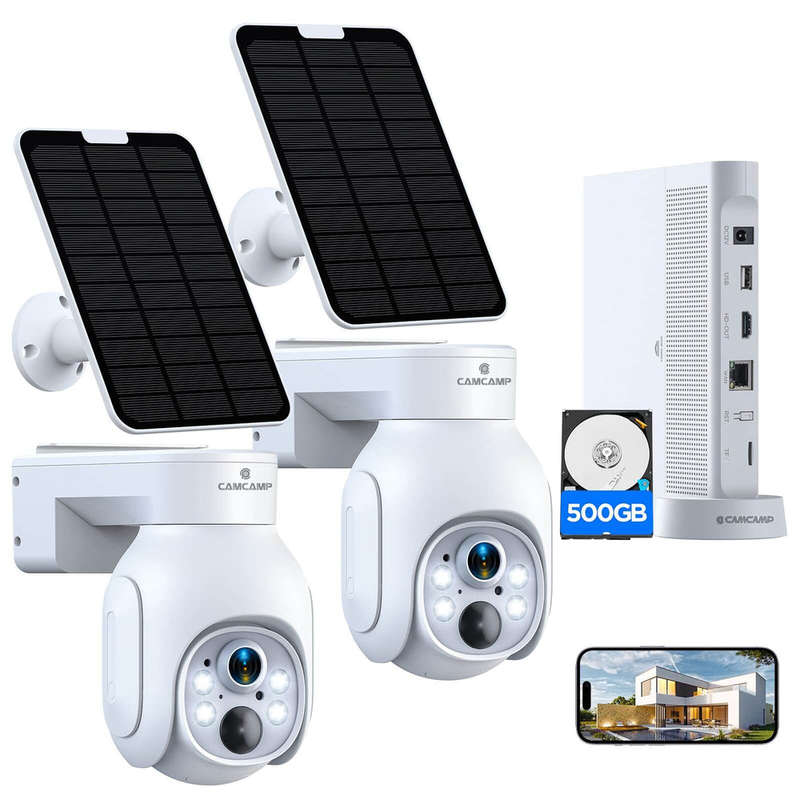 Camcamp SC23 2.5K PTZ Solar Powered Home Security Camera System with Nvr 500GB HDD