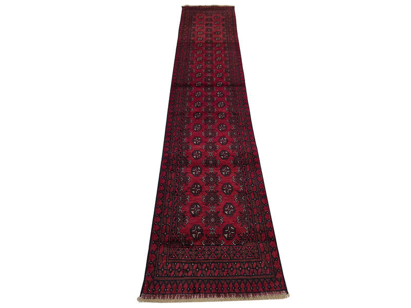 Stunning Red Afghan Bukhara Design Runner - 379 x 79 CM