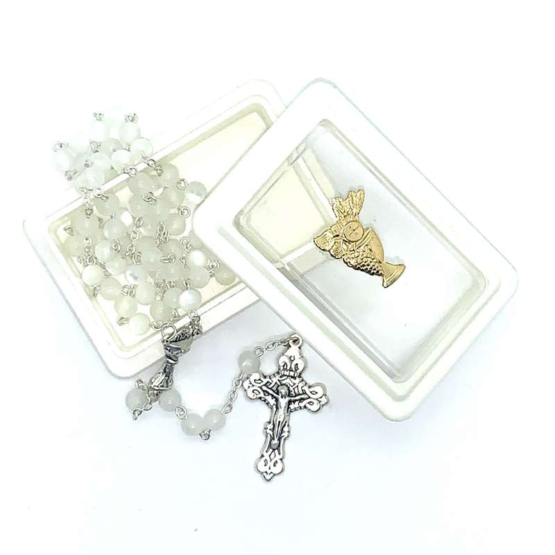 Boxed White Communion Round Bead Rosary