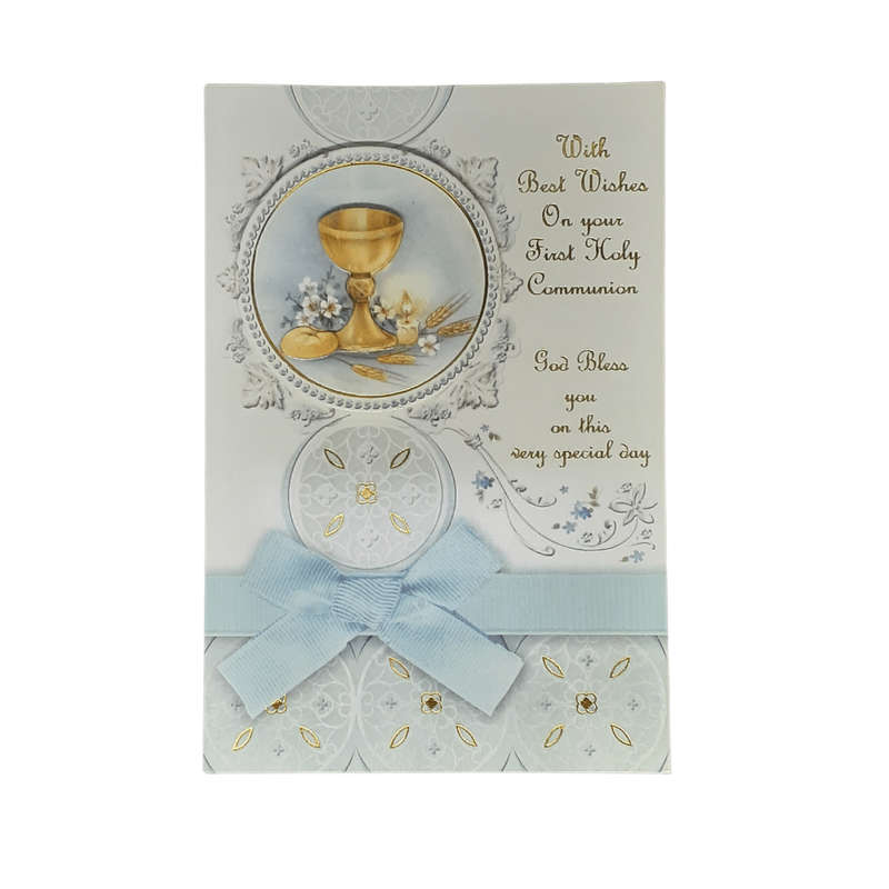 First Holy Communion Card With Blue Bow