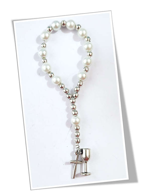 White Faux Glass Pearls with Chalice & Crucifix