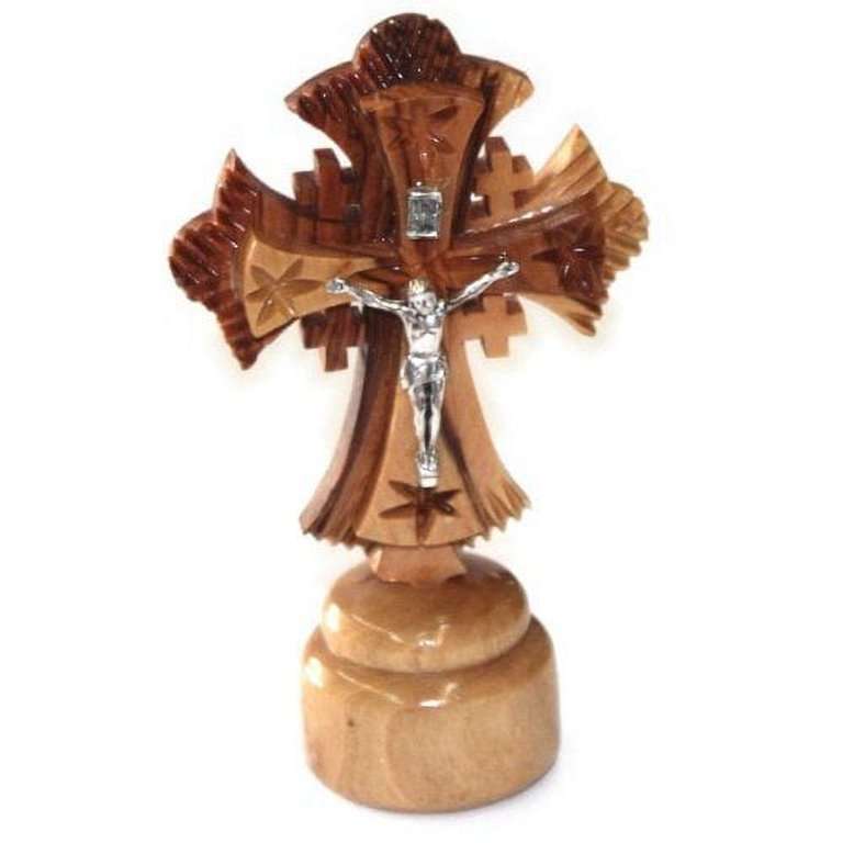 9cm Ornate Jerusalem Standing Olive-wood Crucifix