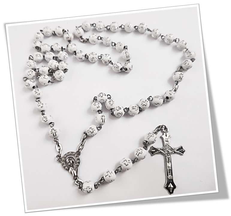 Silver Cross on White Bead Rosary