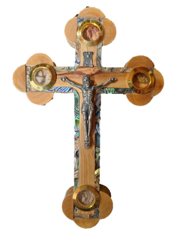 Olivewood / Holy Land crucifix with green mother of pearl on borders & 4 holy items