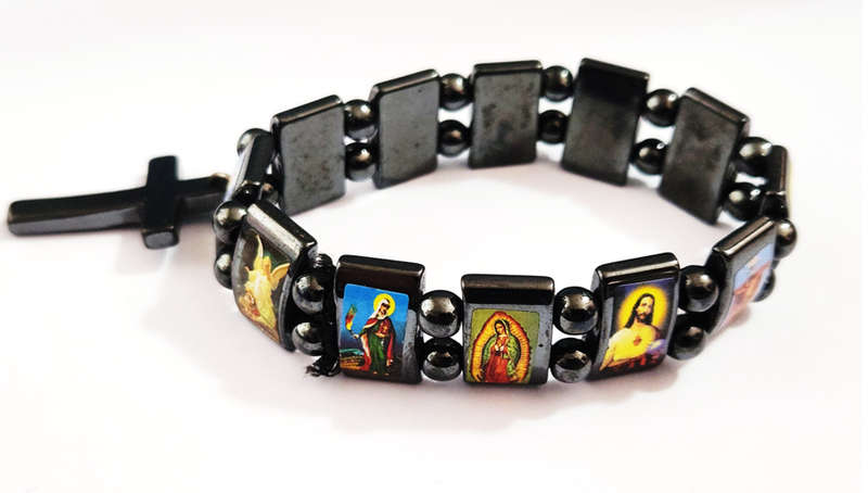 Hematite Semi Precious Stone Saints Bracelet with Hematite Crucifix