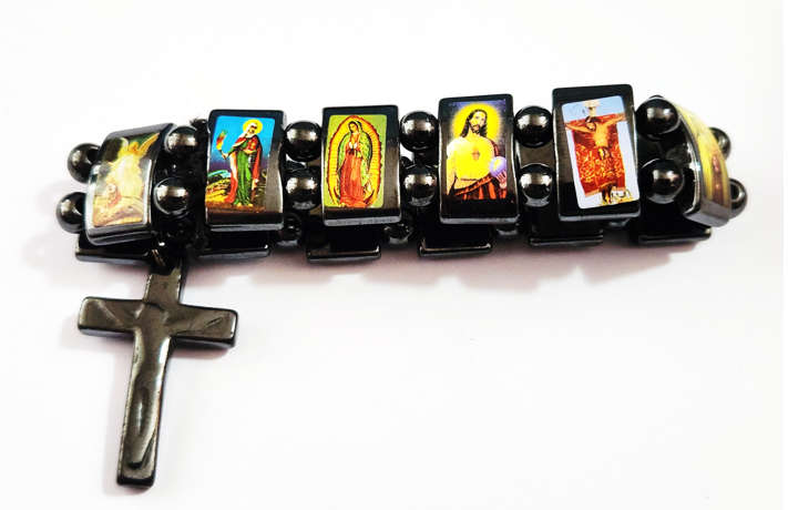 Hematite Semi Precious Stone Saints Bracelet with Hematite Crucifix
