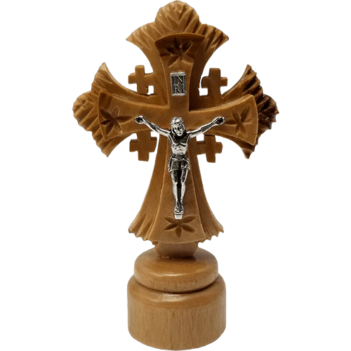9cm Ornate Jerusalem Standing Olive-wood Crucifix