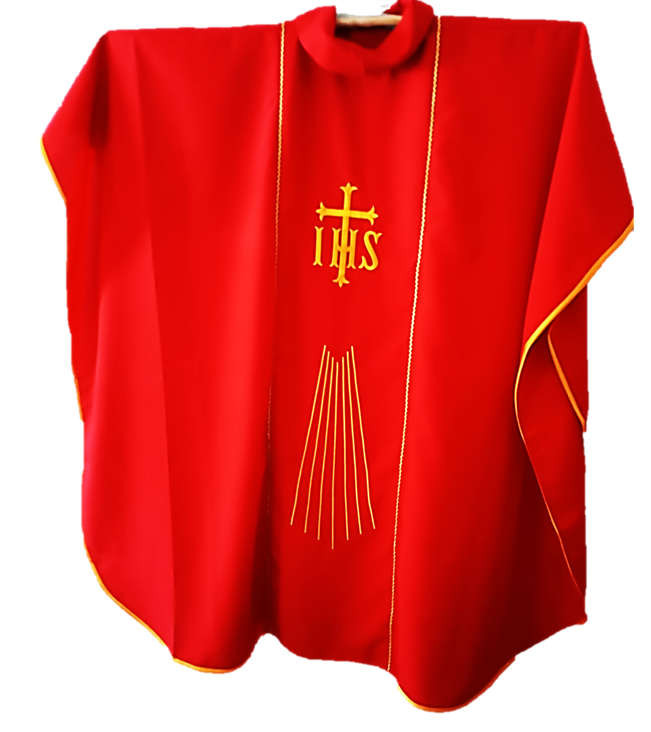 Red Chasuble with Heart of Jesus in golds and projecting Rays