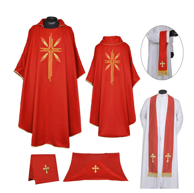 Red Chasuble & Stole Set - Burse, Chalice Veil & Maniple - Import