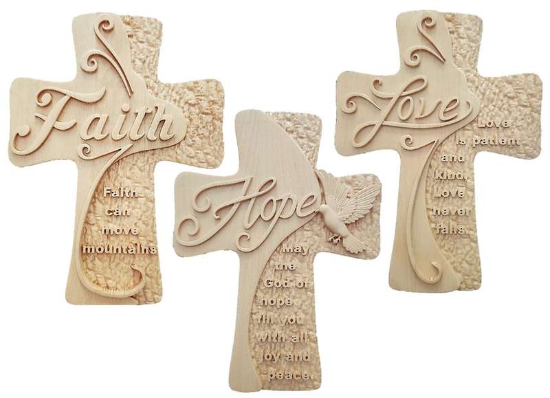Set of 3 Beechwood  Crosses - "Faith , Hope and Love"