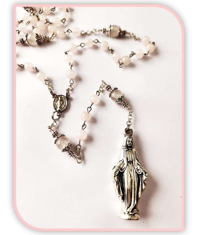 Rose Quartz Semi Precious Stone Miraculous Medal Rosary