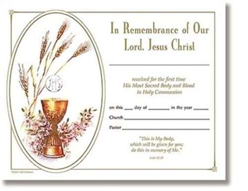 1st Holy Communion - In Remembrance of Our Lord, Jesus Christ - Certificate