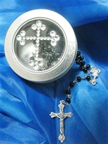 Black faux pearl rosary in diamante' tin (Markdown)