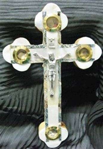 Olivewood / Holy Land 16cm crucifix - with full mother of pearl on face of cross &  4 holy items