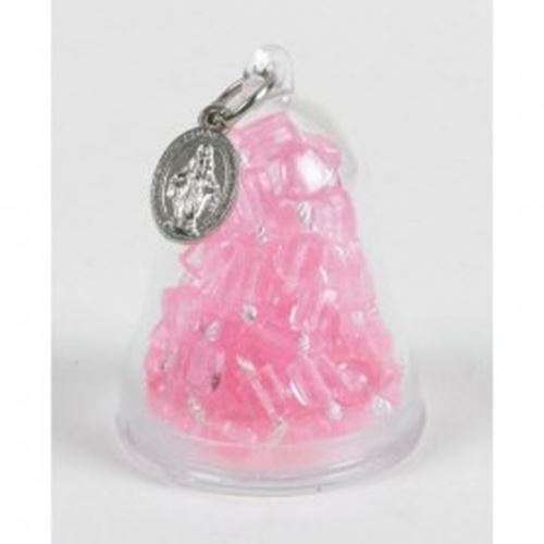 Pink Miraculous Medal cord Rosary in domed container