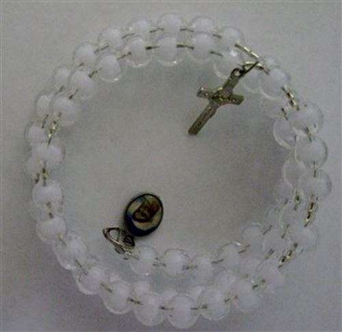8mm White facetted translucent Memory Wire 5 decade Rosary Bracelet