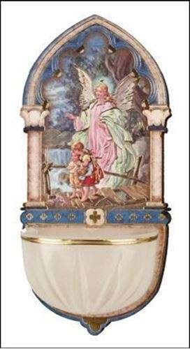 13cm Guardian Angel Wooden font with Luminous Holy Water bowl