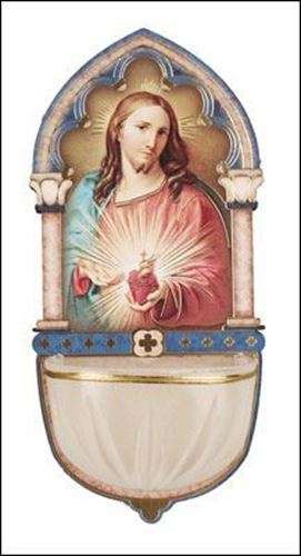 13cm Sacred Heart of Jesus Wooden font with Luminous Holy Water bowl