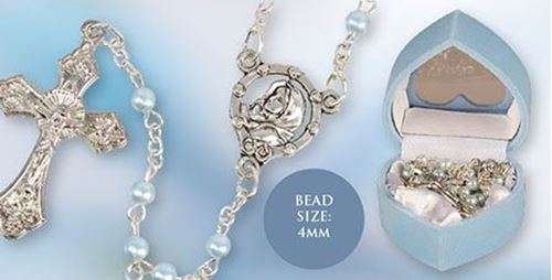 4mm Faux Blue Pearl Rosary in Blue Velvet Heart Box