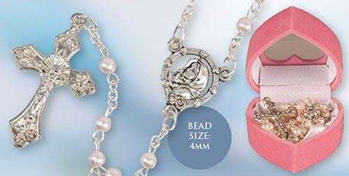 4mm Faux Pink Pearl Rosary in Pink Velvet Heart Box