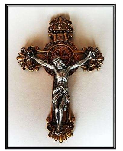 28cm St Benedict Two Tone Crucifix in Antique Silver & Bronze