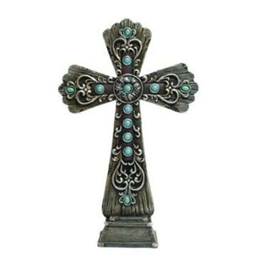 41cm Wooden Cross with Turquoise stones in ornate design