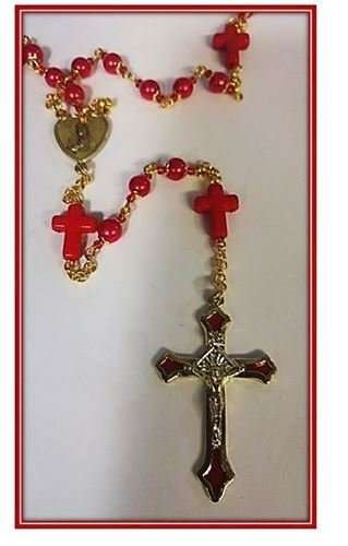 Sacred Heart faux glass Pearl in Red with Red Crosses for the Sweetest Heart of Jesus