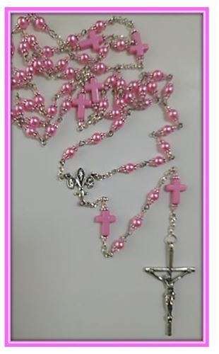 Faux Pink Pearl Rosary - with Pink Cross Mystery Beads