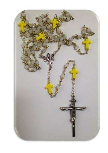 Milky White Austrian Glass Crystal with Yellow Cross Mystery Beads