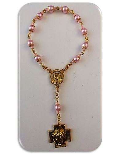 One Decade Pink Rosary in gold with Ecce Homo Cross