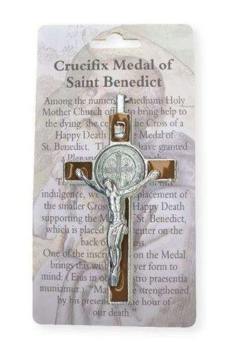 8cm Brown inlay St Benedict Metal Crucifix