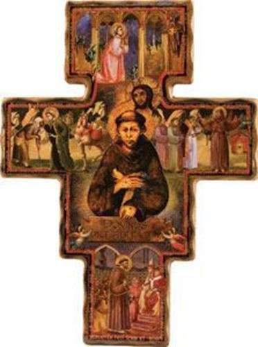 St Francis's Conversion story on  Wooden Cross - 16cm tall - Italian