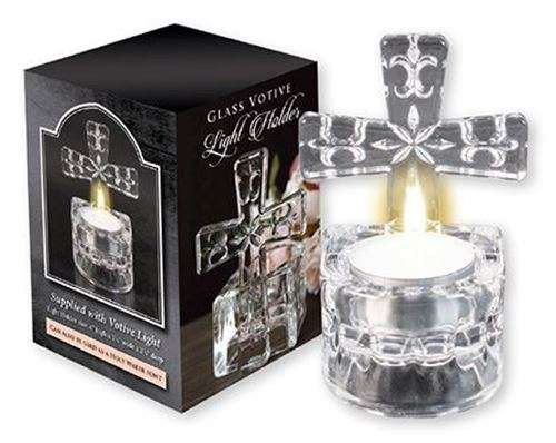 10cm Glass Votive Cross  tea light holder / Holy water font