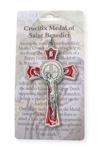 7.5cm St Benedict Crucifix - Ornate edging - Red enamel inlay with Information card
