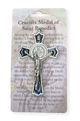 7.5cm St Benedict Crucifix - Ornate edging - Black enamel inlay with Information card
