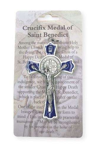 7.5cm St Benedict Crucifix - Ornate edging - Blue enamel inlay with Information card