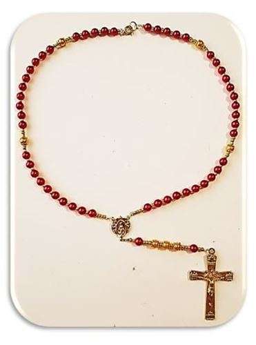 Red and Gold faux glass pearl necklace rosary - Threaded Limited Edition