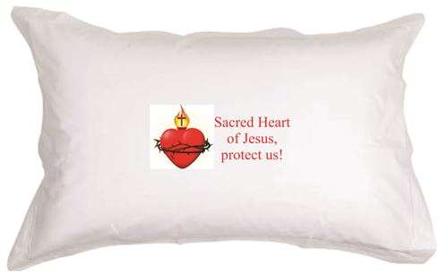 Set of Two -  Sacred Heart of Jesus, Protect us!   White pillow cases