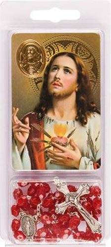 Sacred Heart Rosary with Holy Card and embossed golden medal