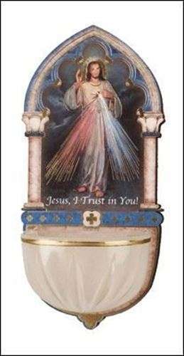 13cm Divine Mercy Wooden font with Luminous Holy Water bowl
