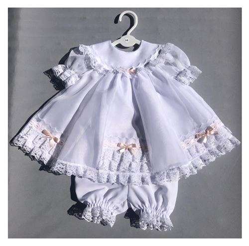 Christening Dress Set - Short Sleeves / white lace & pink ribbons