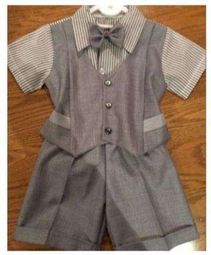 Christening Boys Suit - Short Pants & Shirt - Grey with pin stripe shirt